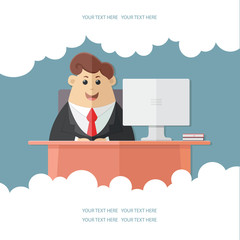Man in a suit with a red tie. manager, accounts department, banker, businessman office worker, boss, at a desk with a computer. Flat vector illustration