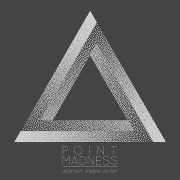 Vector illustration of abstract dotted symbol Penrose triangle. Sacred geometry sign made in stippling technique. Isolated halftone symbol. Pointillism. Penrose tribar.