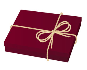 Vector Red carton gift box tied with realistic linen string and double bow illustration.