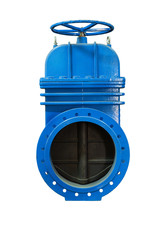 On a white background blue metal shut-off valve for gas pipelines. Sliding knife gate valve Shutoff...