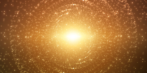 Vector infinite space background. Matrix of glowing stars with illusion of depth and perspective. Sparkling stars of nebula. Abstract futuristic hyperspace universe on dark gold background. © garrykillian