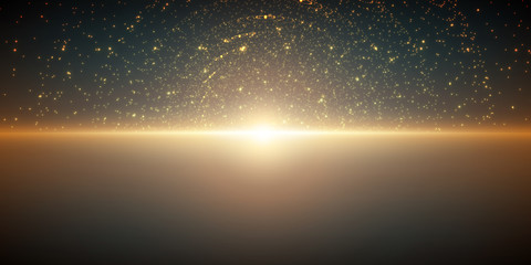 Vector infinite space background. Matrix of glowing stars with illusion of depth and perspective. Abstract cyber fiery sunrise over sea. Abstract futuristic universe on dark turquoise background. © garrykillian