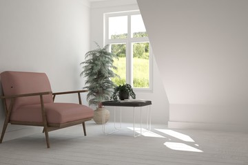 White room with armchair and green landscape in window. Scandinavian interior design. 3D illustration