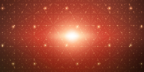 Vector infinite space background. Matrix of glowing stars with illusion of depth, perspective. Geometric backdrop with point array as lattice. Abstract futuristic universe on dark red background.