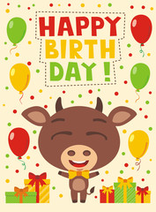Happy birthday! Funny cow with gifts and balloons. Card with cow in cartoon style for child birthday.