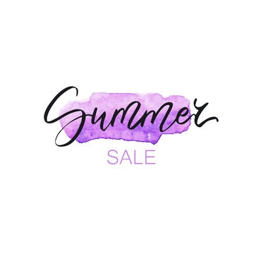 Summer sale lettering on watercolor purple stain. Vector hand drawn illustration for greeting cards, posters and flyers.