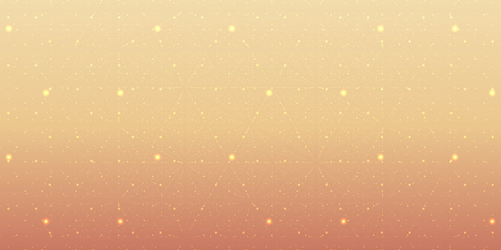 Vector infinite space background. Matrix of glowing stars with illusion of depth, perspective. Geometric backdrop with point array as lattice. Abstract futuristic universe on light orange background.