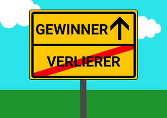 Schild Ortsausgang Verlierer Gewinner
