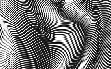 Vector warped lines background. Flexible stripes twisted as silk forming volumetric folds. Monochrome variable width stripes with shadows and highlights. Modern abstract creative backdrop. © garrykillian