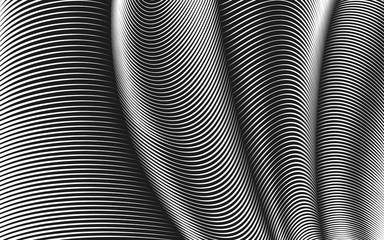 Vector warped lines background. Flexible stripes twisted as silk forming volumetric folds. Monochrome variable width stripes with shadows and highlights. Modern abstract creative backdrop. © garrykillian