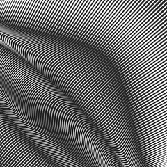Vector warped lines background. Flexible stripes twisted as silk forming volumetric folds. Monochrome variable width stripes with shadows and highlights. Modern abstract creative backdrop.