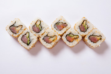 Japanese seafood sushi , roll a white background
