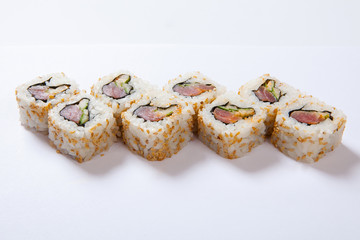 Japanese seafood sushi , roll a white background
