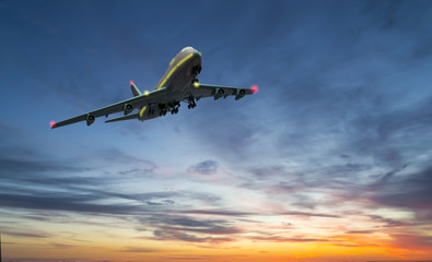 The plane flies in the sky against the background of clouds