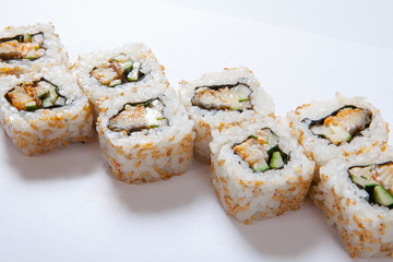 Japanese seafood sushi , roll a white background