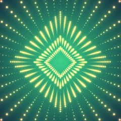 Vector infinite rhombic or square tunnel of shining flares on green background. Glowing points form tunnel sectors. Abstract cyber colorful background for your designs. Elegant geometric wallpaper.