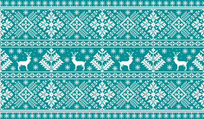 Vector illustration of folk seamless pattern ornament. Ethnic New Year blue ornament with pine trees and deers. Cool ethnic border element for your designs.