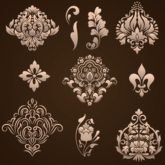 Vector set of damask ornamental elements. Elegant floral abstract elements for design. Perfect for invitations, cards etc.