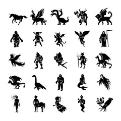 25 Mythical creatures glyph vector icons