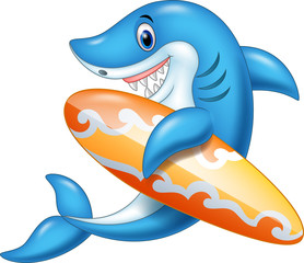 Cartoon shark holding surfboard