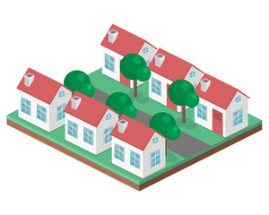Isometric flat 3D vector cityscape. District with small single-storey houses