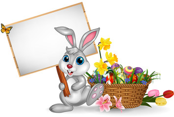 Happy Easter background with rabbit holding a blank sign