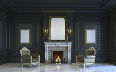 A classic interior is in dark tones with fireplace. 3d rendering.