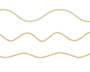 Vector illustration of three types of loose linen string. Illustration of lightly curved linen material texture ropes. - obrazy, fototapety, plakaty