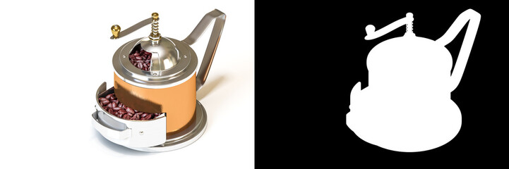 3D isometric rendering of brass vintage coffee grinder with coffee beans isolated on white background with alpha channel section for easy split unwanted background.