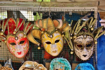 Venetian carnival masks in a souvenir shop on the Island Burano, near Venice, Italy, Europe.