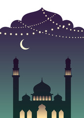 Ramadan themed silhouette of mosque with glowing lights and new moon