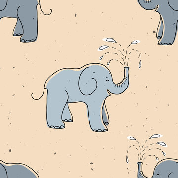 Seamless funny pattern with hand drawn doodle cartoon style elephant taking shower vector illustration. Vintage beige background. Perfect for child textile or wrapping paper.