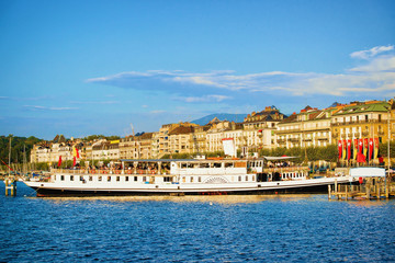 Steamboat in Geneva Lake at Promenade du Lac of Switzerland