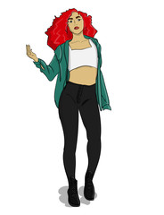 A girl with long red hair dressed in gray jeans and a blue-green shirt is standing in front of a white background eps 10 illustration