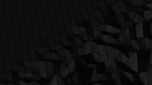Abstract Polygonal Geometric Surface Loop 2B: dark clean soft low poly triangular motion background of area shifting low light obscure shadowy dim black gray grey triangles. Seamless loop. 4K UHD, Ful