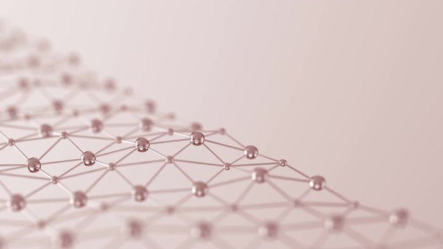 Atom Spheres Array Loop 1C: warm light red animation, slow moving abstract animation background of molecules network, made of shiny metal spheres, with blank space available. 4K UHD, FullHD, seamless 