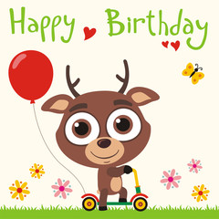 Happy birthday! Funny deer going on scooter with red balloon. Birthday card with little deer in cartoon style for child birthday.