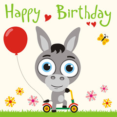 Obraz na płótnie Canvas Happy birthday! Funny donkey going on scooter with red balloon. Birthday card with little donkey in cartoon style for child birthday.