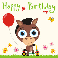 Happy birthday! Funny horse going on scooter with red balloon. Birthday card with little horse in cartoon style for child birthday.