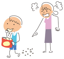 お菓子のカスを落としながら歩く男の子