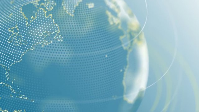 Digital Planet Earth Loop 2E: 360 degrees rotating globe focused on northern hemisphere, light vivid blue tint with bright gradient background. Land edges as yellow dots. FullHD, seamless loop.