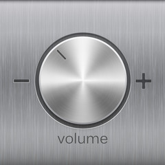 Volume sound control with metal aluminum or chrome brushed texture and level scale with plus and minus