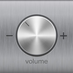 Volume sound control with metal aluminum or chrome brushed texture and level scale with plus and minus