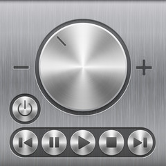 Set of volume sound control button, round metal buttons with basic audio symbols and with brushed texture