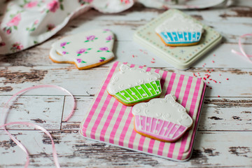 Easter gingerbread cookies on wooden background