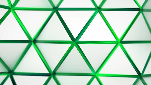 Polygonal Surface Loop 1C: abstract low poly motion background of shifting pure bright white grey triangles and mint neon green sharp edges.  4K UHD, FullHD, seamless loop.