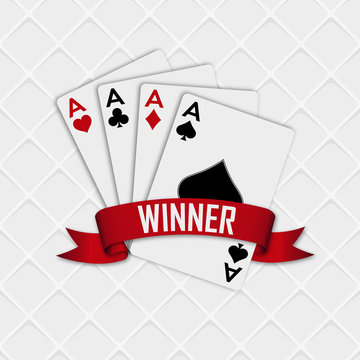 Four aces with a red ribbon on a white background with a strict pattern. Vector illustration.