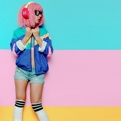 Stylish Girl DJ. Musical vibrations. Clubbing Minimal pop art