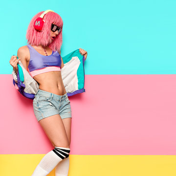 Playful Stylish Girl DJ. Musical and fitness vibration. Clubbing Minimal pop art