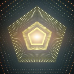 Vector infinite pentagonal tunnel of shining flares on green background. Glowing points form tunnel sectors. Abstract cyber colorful background for your designs. Elegant modern geometric wallpaper.